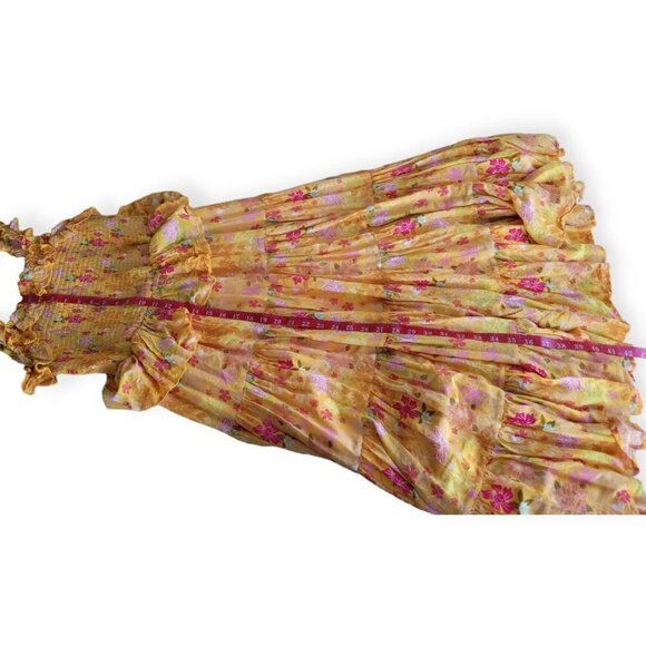 Disney Princess Tiana Yellow Floral Puff Dress Ruffled Tiered Square Neck M - Picture 5 of 10